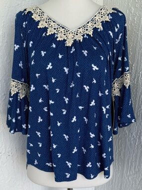 Always Indigo Navy Floral Motif V-Neck Blouse with Cream Lace and Print NWT M